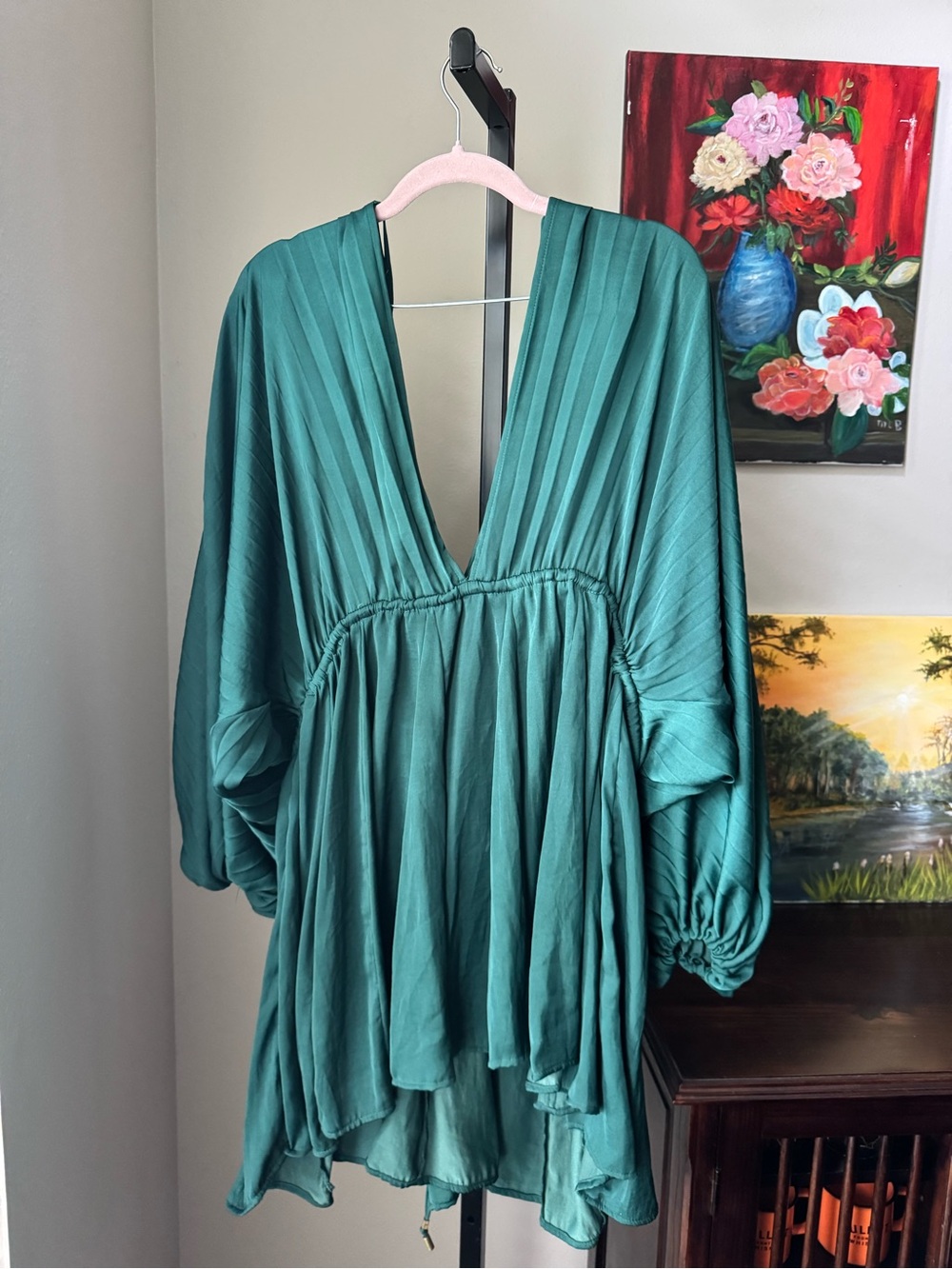 Free people Emerald Green V-Neck Mini Dress with Tie Waist - Picture 9 of 11
